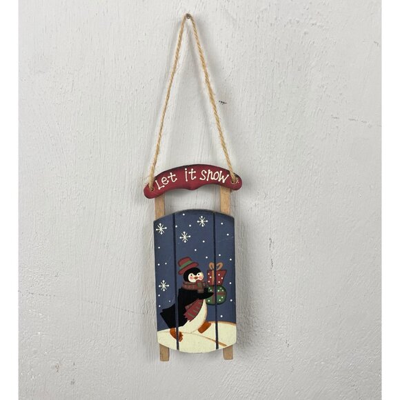 Vintage Christmas Ornament Sled Penguin Let It Snow 1980s wood holiday decor - Picture 1 of 2